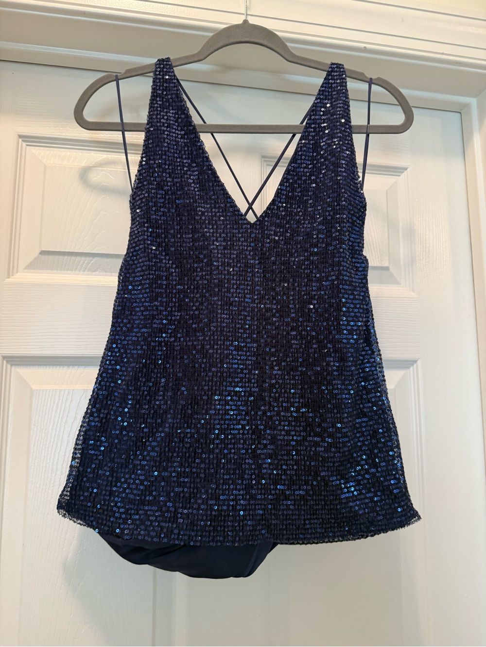 Express Navy Sequin V-Neck Spaghetti Strap Tank
